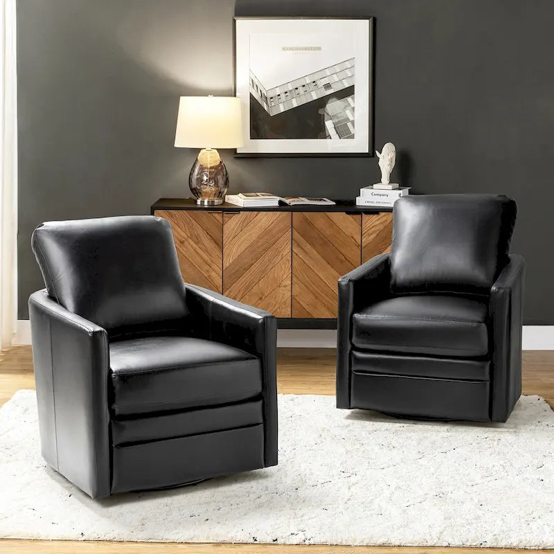 Transitional Swivel Faux Leather Barrel Chair with Metal Base Set of 2