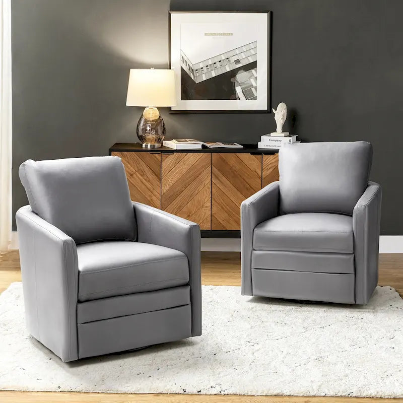 Transitional Swivel Faux Leather Barrel Chair with Metal Base Set of 2