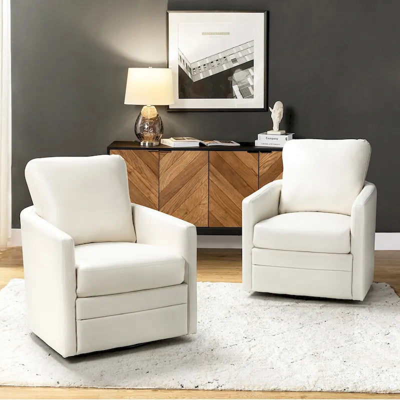 Transitional Swivel Faux Leather Barrel Chair with Metal Base Set of 2