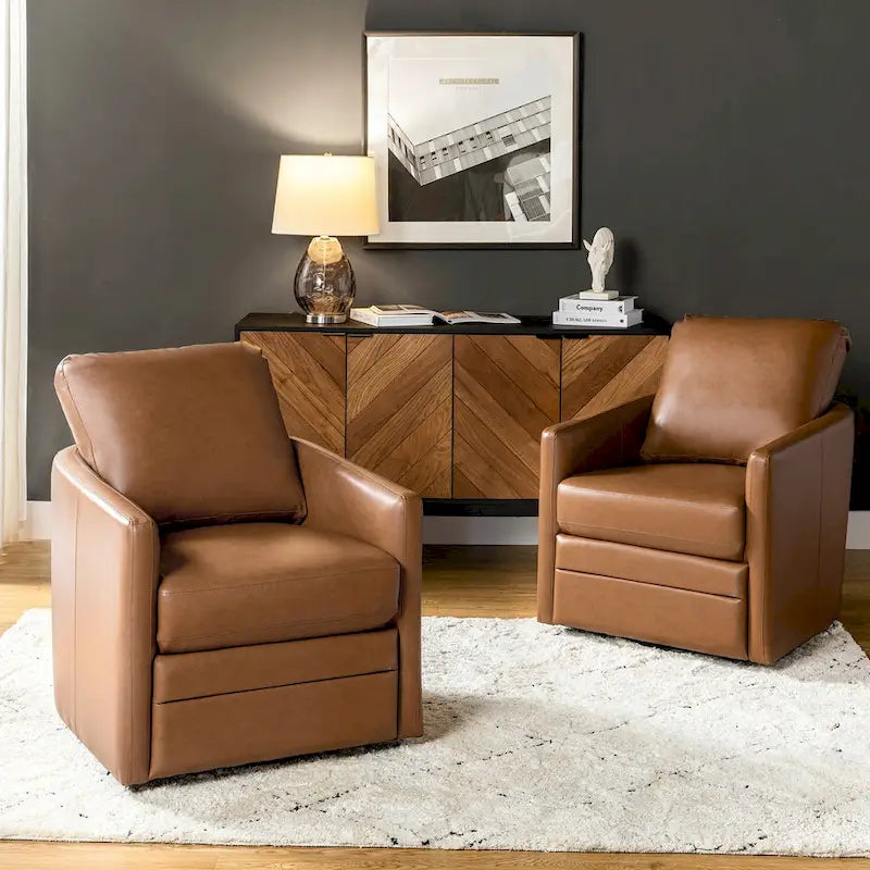 Transitional Swivel Faux Leather Barrel Chair with Metal Base Set of 2