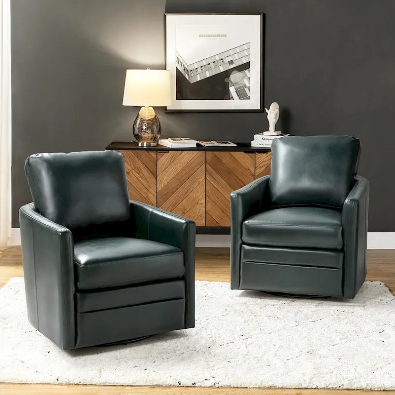 Transitional Swivel Faux Leather Barrel Chair with Metal Base Set of 2