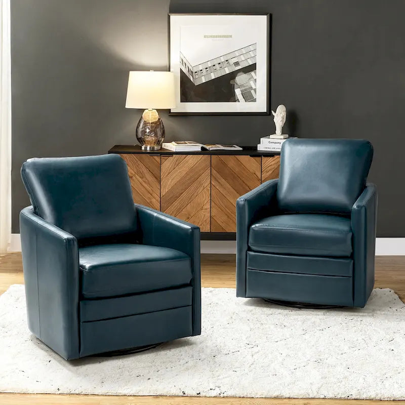 Transitional Swivel Faux Leather Barrel Chair with Metal Base Set of 2