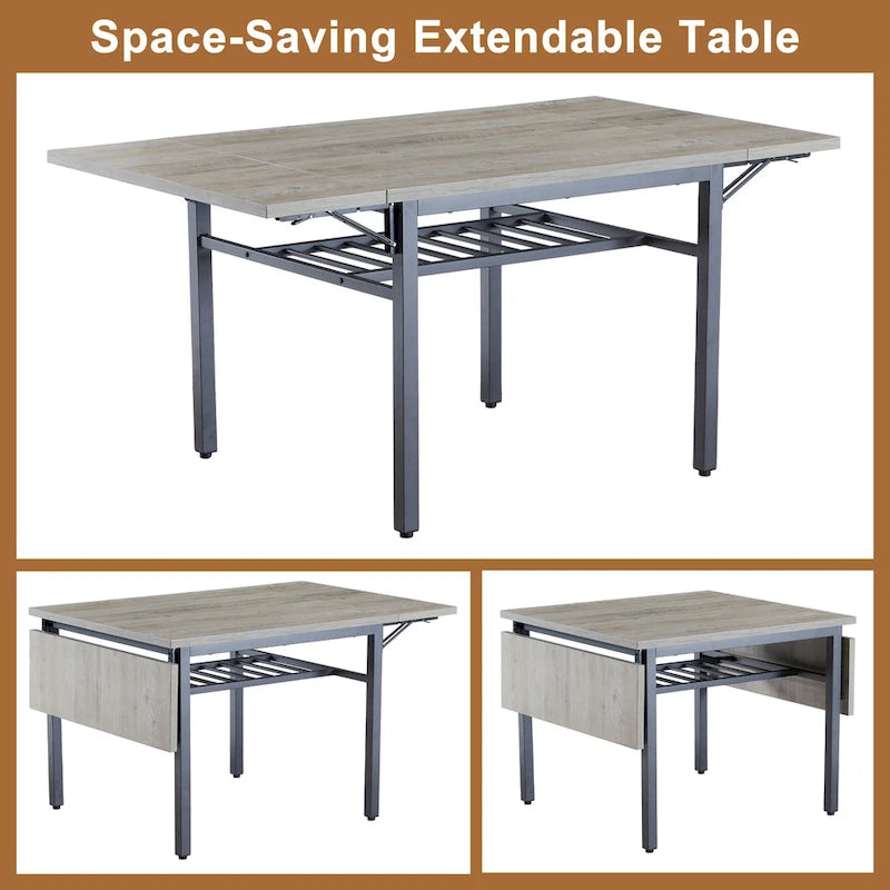 Modern Industrial 63.2 Extendable Dining Table w/Drop Leaf, Seats 6