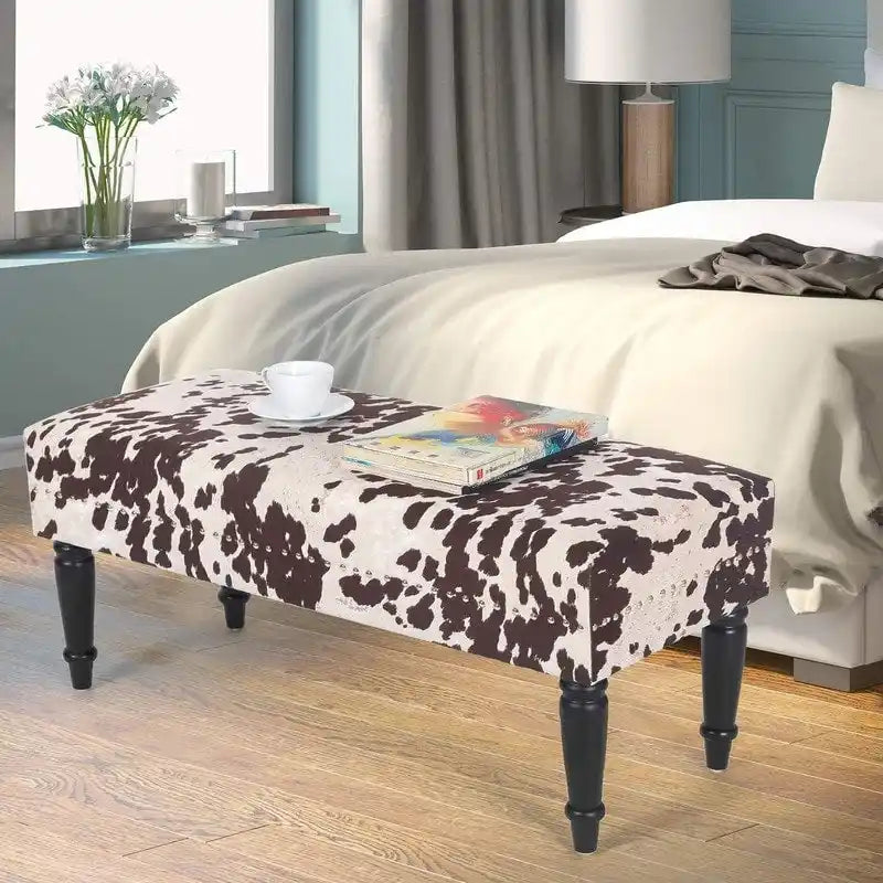 Rectangular Bench Ottoman with Cow Print Fabric, Nailhead Trim and Anti-Slip Legs