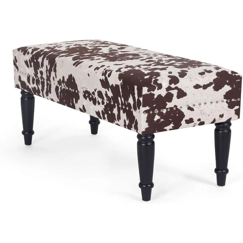 Rectangular Bench Ottoman with Cow Print Fabric, Nailhead Trim and Anti-Slip Legs