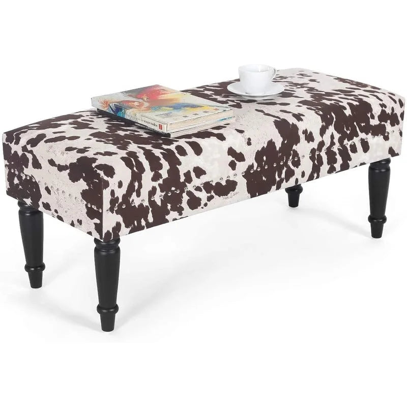 Rectangular Bench Ottoman with Cow Print Fabric, Nailhead Trim and Anti-Slip Legs