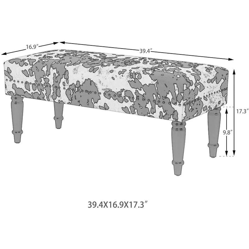 Rectangular Bench Ottoman with Cow Print Fabric, Nailhead Trim and Anti-Slip Legs