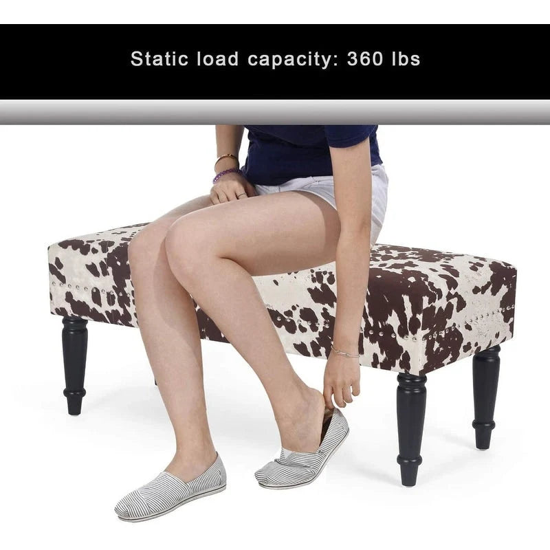 Rectangular Bench Ottoman with Cow Print Fabric, Nailhead Trim and Anti-Slip Legs