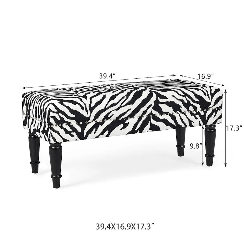 Rectangular Bench Ottoman with Cow Print Fabric, Nailhead Trim and Anti-Slip Legs