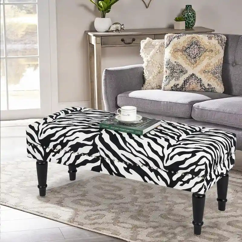 Rectangular Bench Ottoman with Cow Print Fabric, Nailhead Trim and Anti-Slip Legs