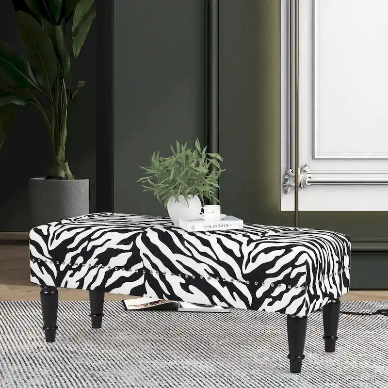 Rectangular Bench Ottoman with Cow Print Fabric, Nailhead Trim and Anti-Slip Legs