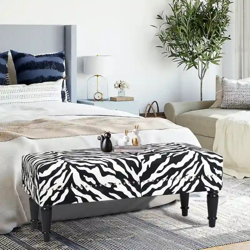 Rectangular Bench Ottoman with Cow Print Fabric, Nailhead Trim and Anti-Slip Legs