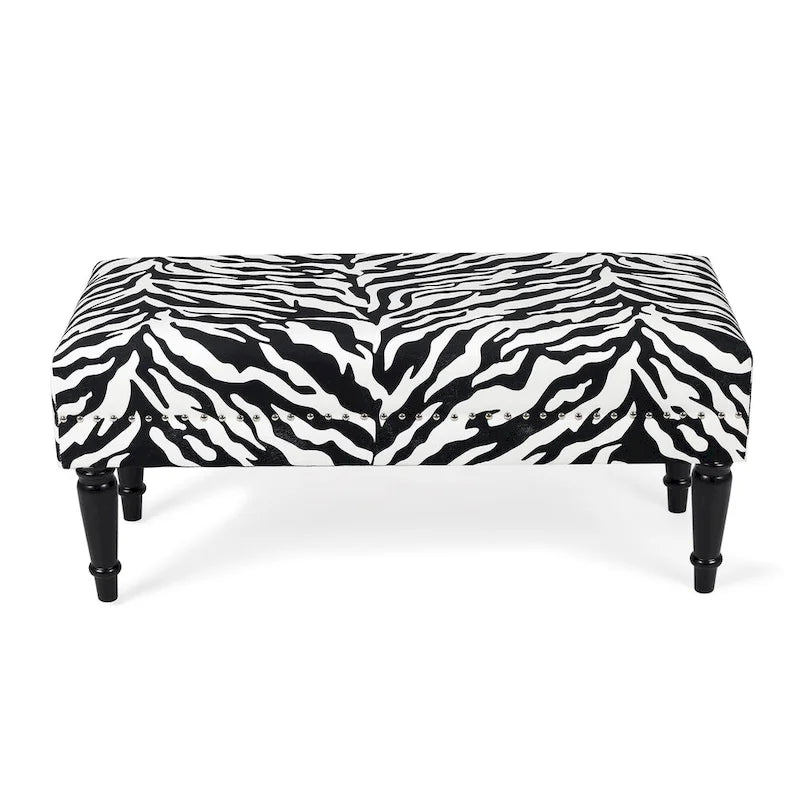 Rectangular Bench Ottoman with Cow Print Fabric, Nailhead Trim and Anti-Slip Legs