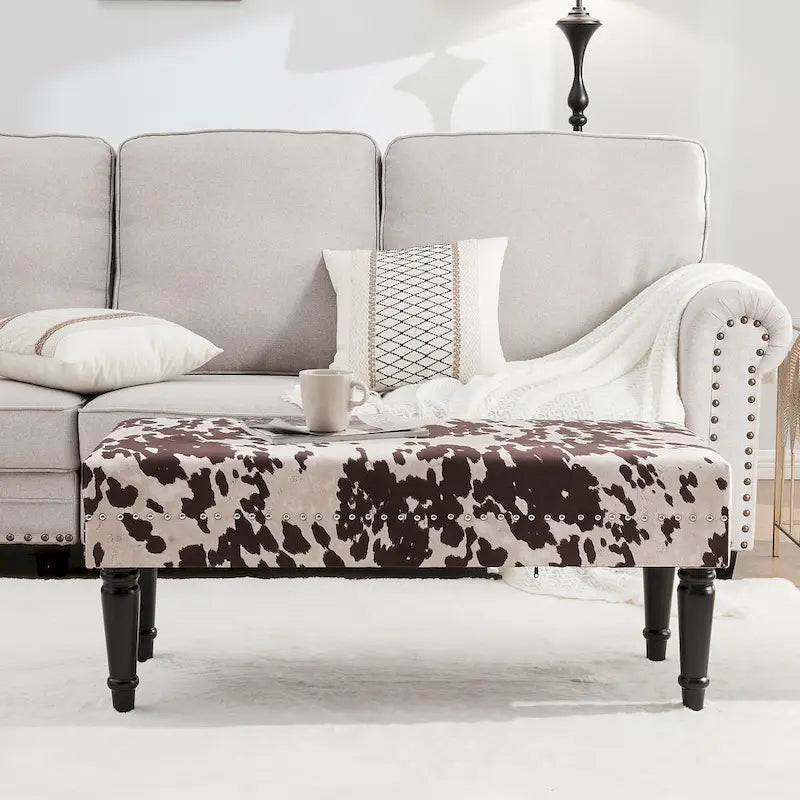 Rectangular Bench Ottoman with Cow Print Fabric, Nailhead Trim and Anti-Slip Legs