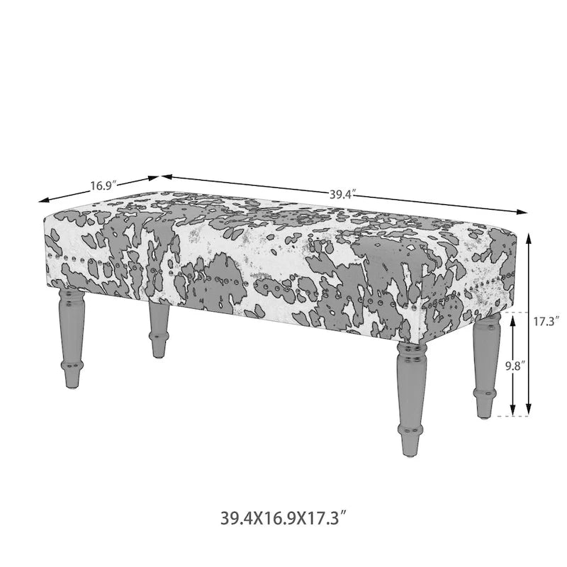 Rectangular Bench Ottoman with Cow Print Fabric, Nailhead Trim and Anti-Slip Legs