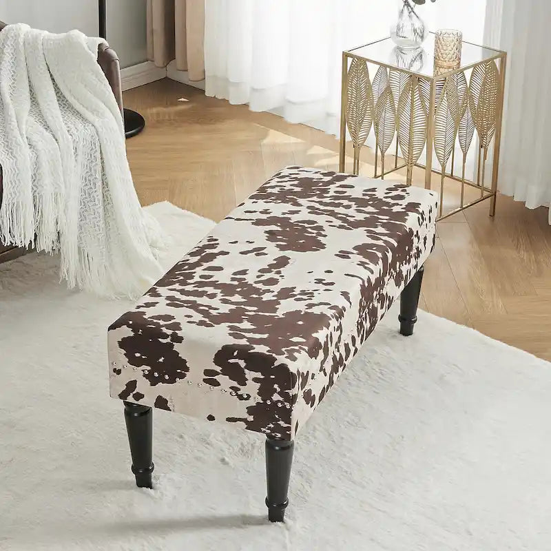 Rectangular Bench Ottoman with Cow Print Fabric, Nailhead Trim and Anti-Slip Legs