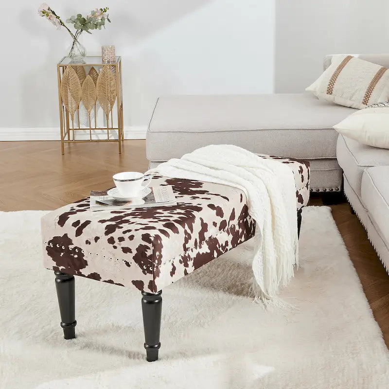 Rectangular Bench Ottoman with Cow Print Fabric, Nailhead Trim and Anti-Slip Legs