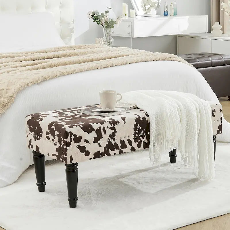 Rectangular Bench Ottoman with Cow Print Fabric, Nailhead Trim and Anti-Slip Legs