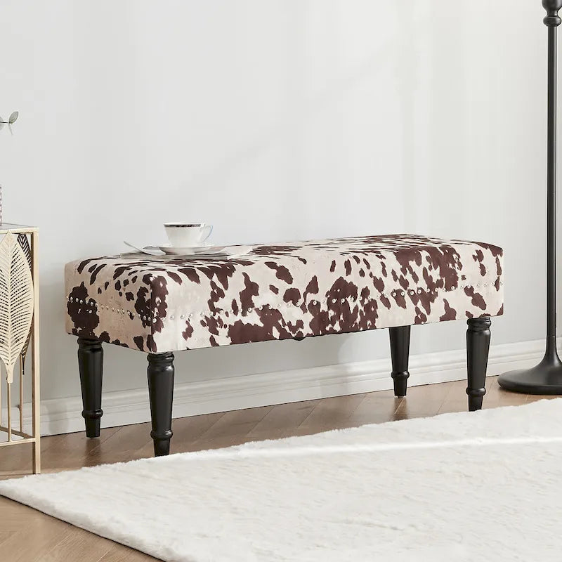Rectangular Bench Ottoman with Cow Print Fabric, Nailhead Trim and Anti-Slip Legs