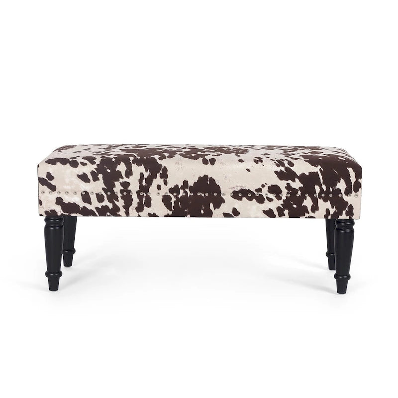 Rectangular Bench Ottoman with Cow Print Fabric, Nailhead Trim and Anti-Slip Legs