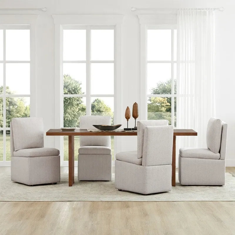 Dining Chair with Casters and Under-Seat Storage, Set of 2, Wood Frame Rolling Chair
