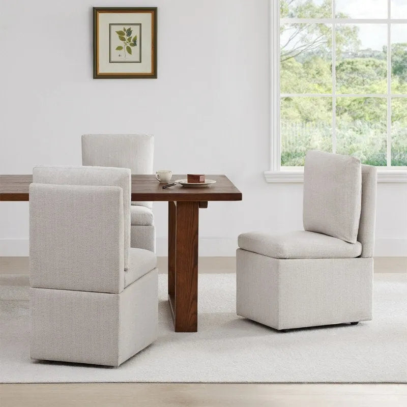 Dining Chair with Casters and Under-Seat Storage, Set of 2, Wood Frame Rolling Chair