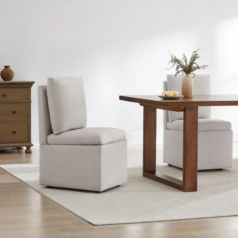 Dining Chair with Casters and Under-Seat Storage, Set of 2, Wood Frame Rolling Chair