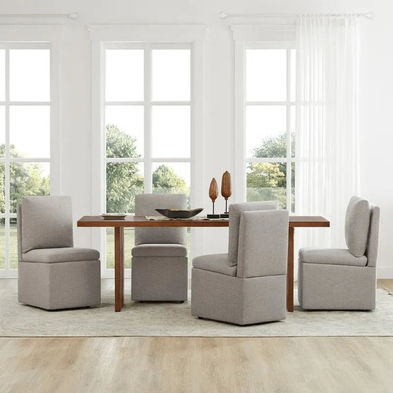 Dining Chair with Casters and Under-Seat Storage, Set of 2, Wood Frame Rolling Chair