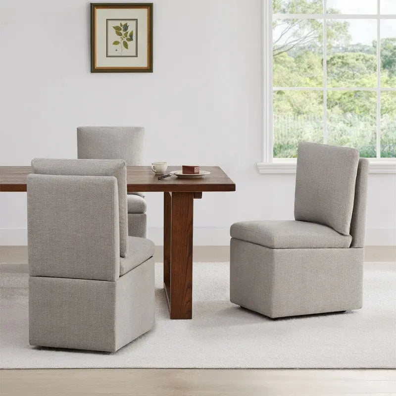 Dining Chair with Casters and Under-Seat Storage, Set of 2, Wood Frame Rolling Chair