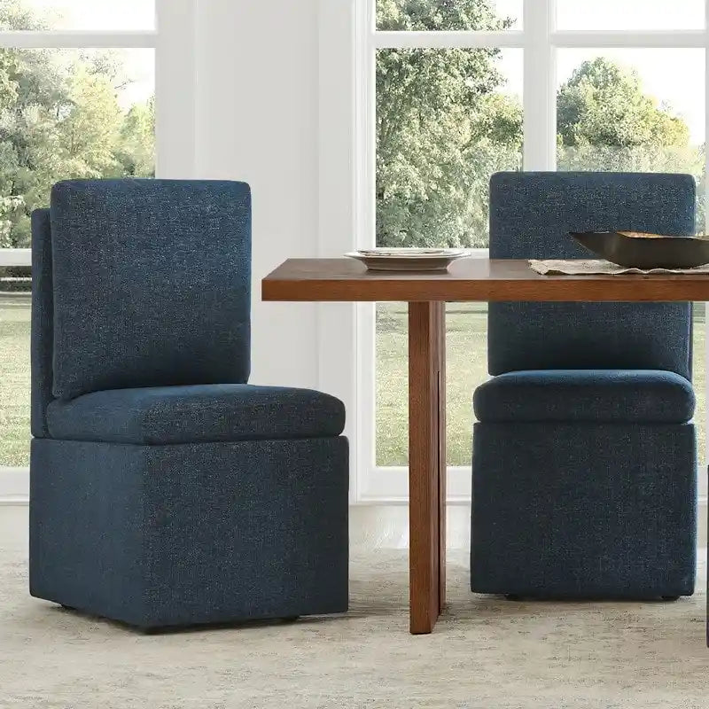Dining Chair with Casters and Under-Seat Storage, Set of 2, Wood Frame Rolling Chair