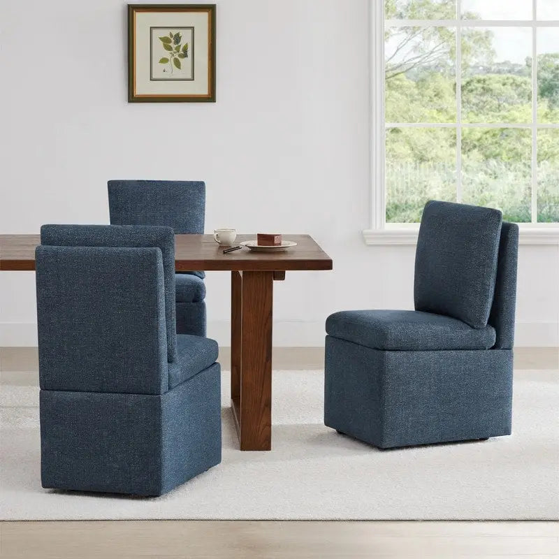 Dining Chair with Casters and Under-Seat Storage, Set of 2, Wood Frame Rolling Chair