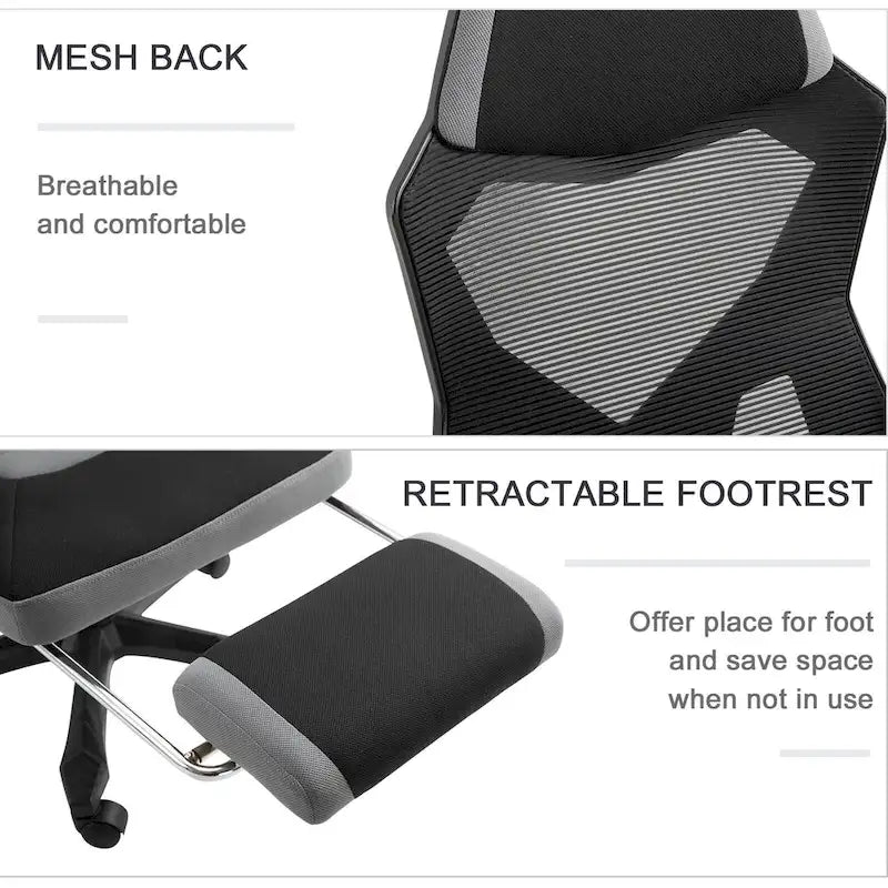 Adjustable Home Office Recliner Chair with Retractable Footrest, Mesh Back, 135° Recline