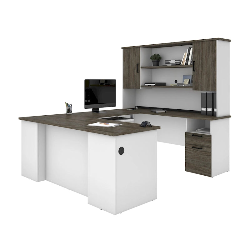 71 Inch U or L-Shaped Executive Desk with Hutch, File Drawers, USB Ports and Wire Management
