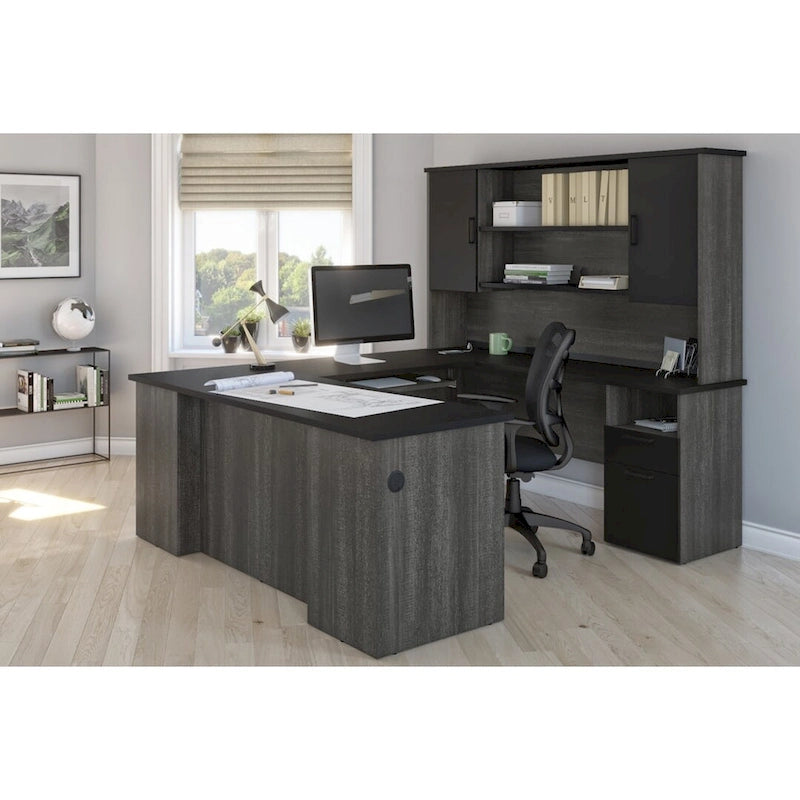 71 Inch U or L-Shaped Executive Desk with Hutch, File Drawers, USB Ports and Wire Management