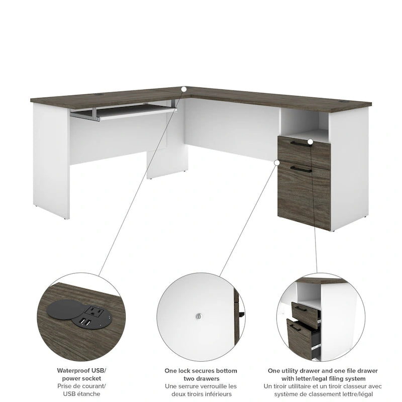 71 Inch U or L-Shaped Executive Desk with Hutch, File Drawers, USB Ports and Wire Management