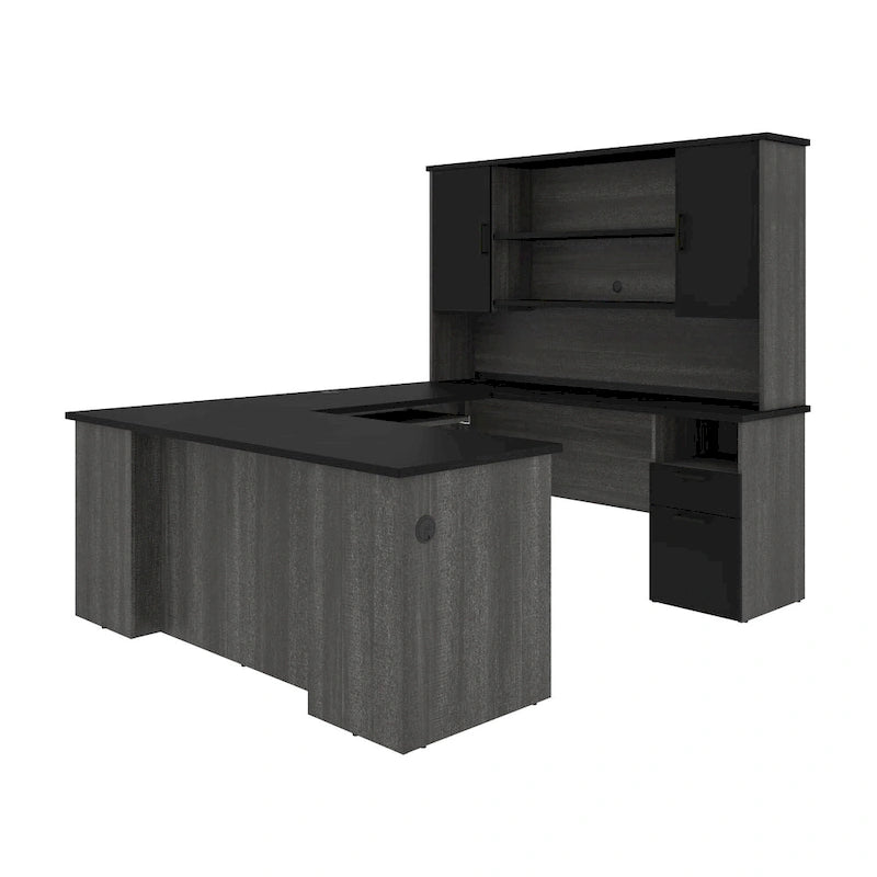 71 Inch U or L-Shaped Executive Desk with Hutch, File Drawers, USB Ports and Wire Management