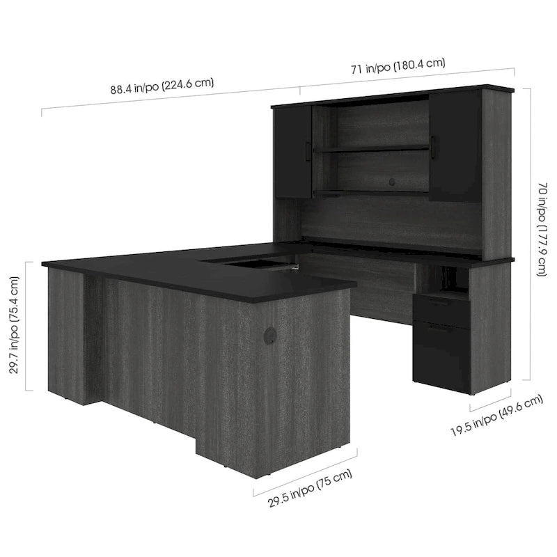 71 Inch U or L-Shaped Executive Desk with Hutch, File Drawers, USB Ports and Wire Management