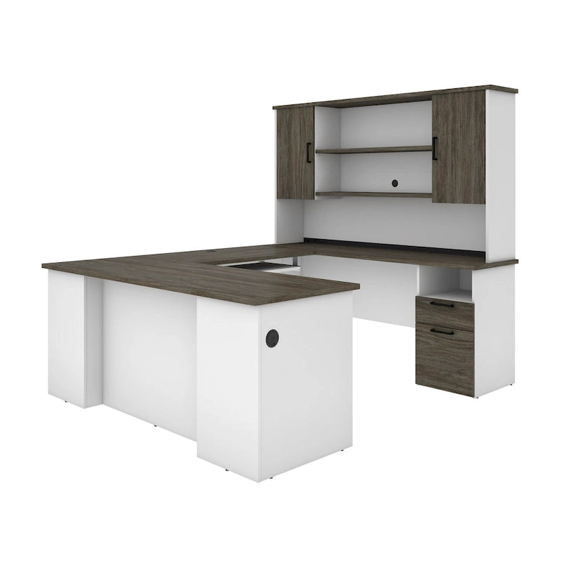 71 Inch U or L-Shaped Executive Desk with Hutch, File Drawers, USB Ports and Wire Management