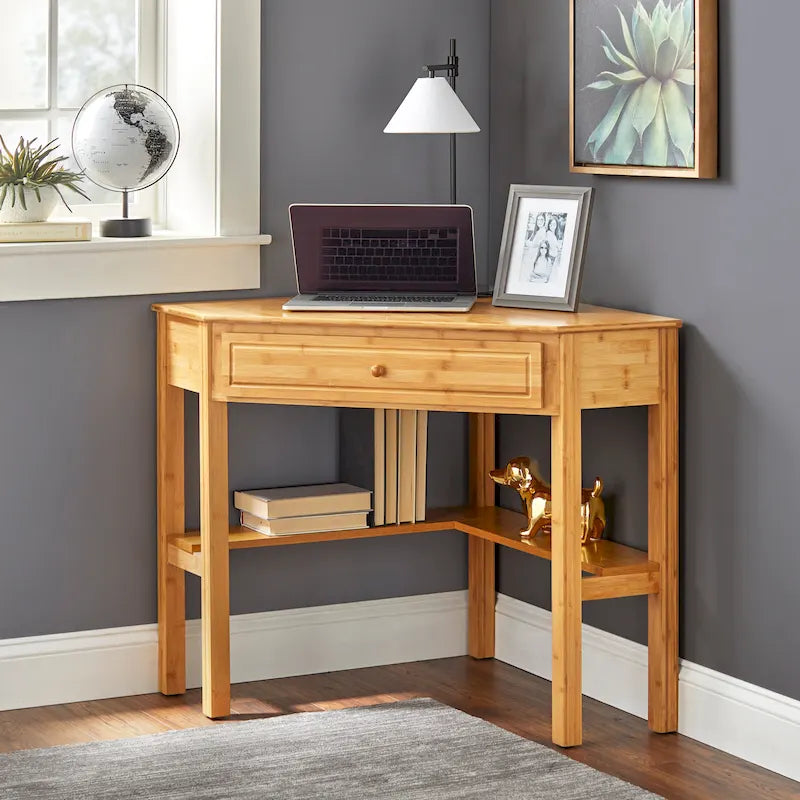 Bamboo Corner Desk with Bottom Shelf and Drawer, Natural Finish Space-Saving Home Office Desk