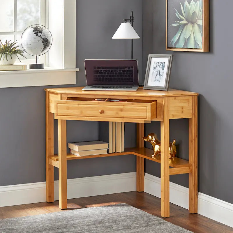 Bamboo Corner Desk with Bottom Shelf and Drawer, Natural Finish Space-Saving Home Office Desk