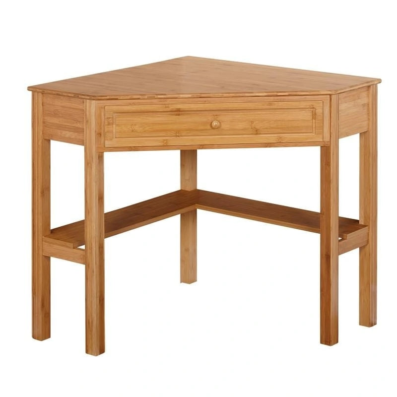 Bamboo Corner Desk with Bottom Shelf and Drawer, Natural Finish Space-Saving Home Office Desk