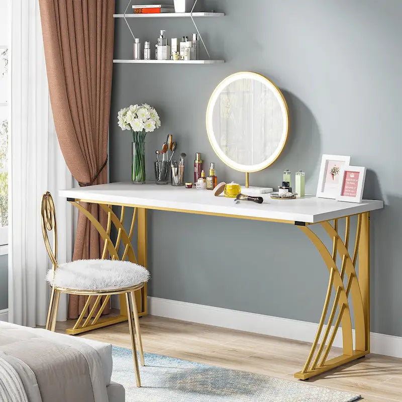 Modern Gold/White Computer Desk, 55 inch Dining Table with Gold Legs, Vanity Table, Conference Table