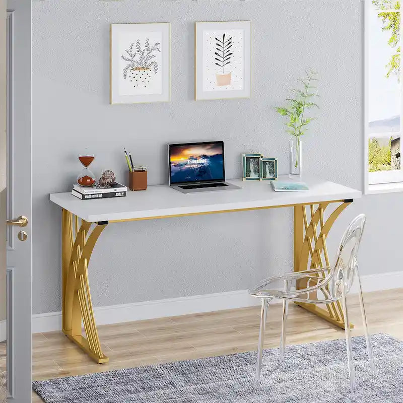 Modern Gold/White Computer Desk, 55 inch Dining Table with Gold Legs, Vanity Table, Conference Table