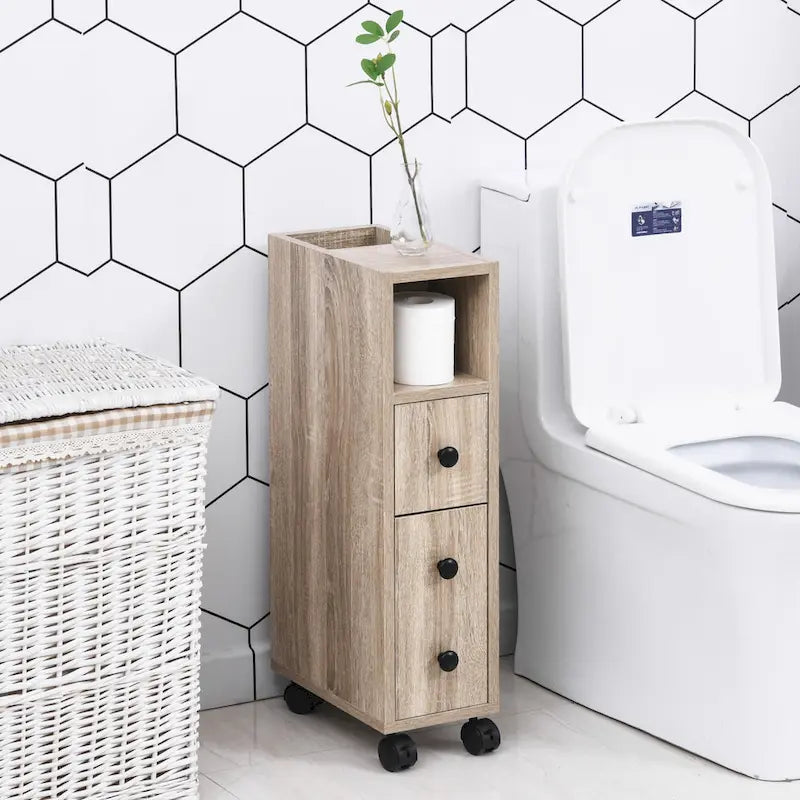 Freestanding Compact Bathroom Storage Cabinet with 2 Open Shelves, 1 Door, 1 Drawer and 4 Rolling Wheels