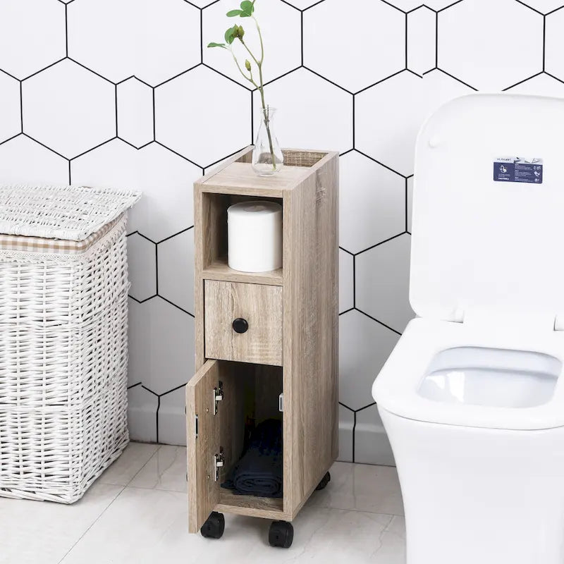 Freestanding Compact Bathroom Storage Cabinet with 2 Open Shelves, 1 Door, 1 Drawer and 4 Rolling Wheels