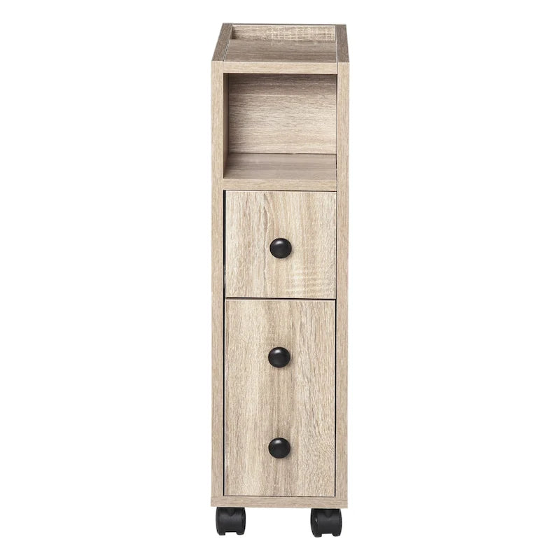 Freestanding Compact Bathroom Storage Cabinet with 2 Open Shelves, 1 Door, 1 Drawer and 4 Rolling Wheels