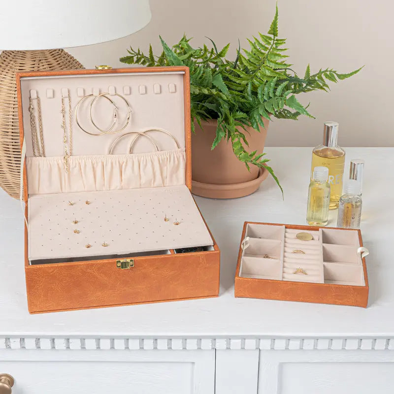 Household Essentials Vegan Leather 2-Layer Jewelry Organizer Box with Clasp Closure - 9.3L x 7.3W x 3.8H
