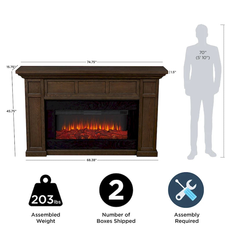 75 Inch Landscape Electric Fireplace with Wood Mantel, 6 Flame Colors, Heats up to 1000 Sq Ft