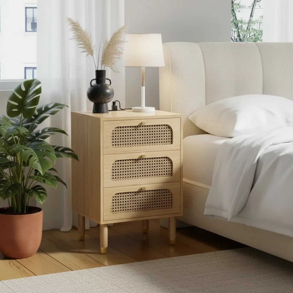 Rattan Nightstand with 3 Drawers