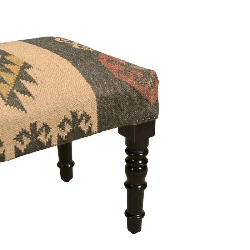 47 Inch Multicolored Southwestern Style Rectangular Bench with Wooden Legs, Jute and Wool Fabric